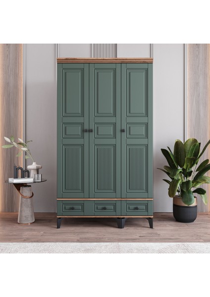 Terra 3 Kapaklı Çekmeceli Gardırop Tamamı Mdf (Yeşil)