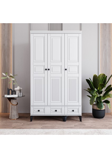 Terra 3 Kapaklı Çekmeceli Gardırop Tamamı Mdf (Beyaz)