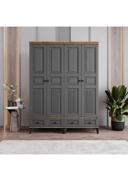 Terra 4 Kapaklı Çekmeceli Gardırop Tamamı Mdf (Antrasit)