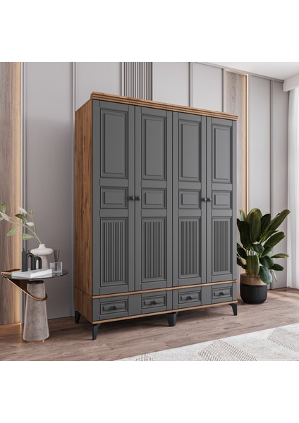 Terra 4 Kapaklı Çekmeceli Gardırop Tamamı Mdf (Antrasit) fiyatları