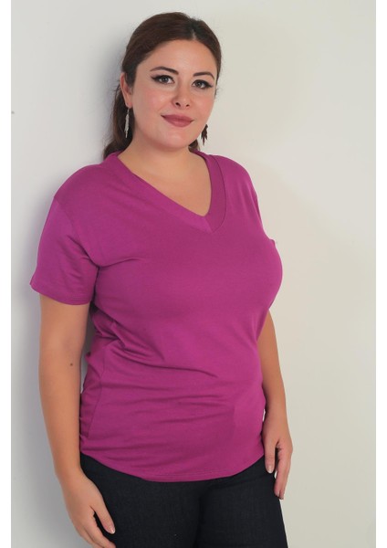 Kadın V Yaka Likralı Büyük Beden Bluz
