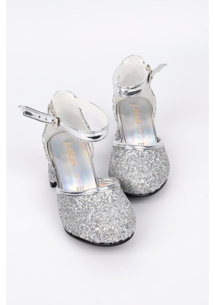 Gümüş Simli Topuklu Kız Çocuk Ayakkabı
