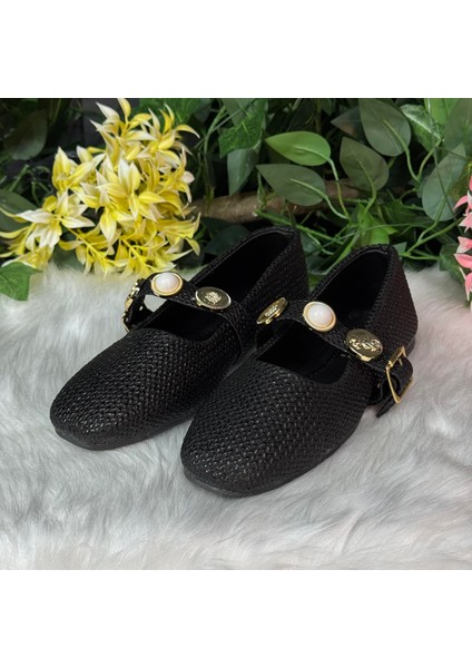 Hasır Dokulu Taşlı Babet Ayakkabı M1018