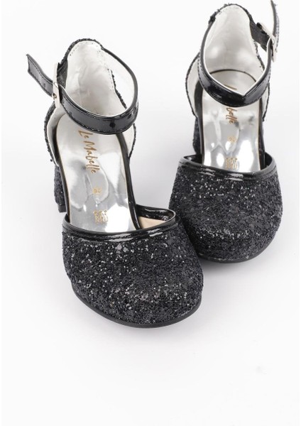 Siyah Simli Topuklu Kız Çocuk Ayakkabı