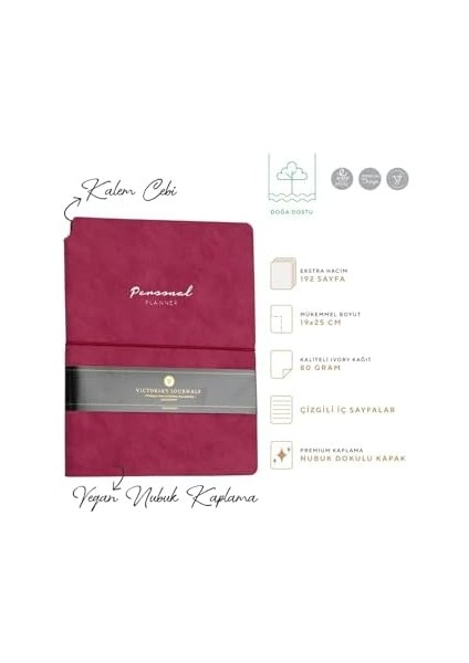 Vegan Deri Esnek Kapaklı Lastikli Planlayıcı Çizgili Not Defteri 19X25 cm Fuşya modelleri