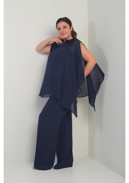 Kadın Yakası Saten Pelerin Içi Pulpayet Kolsuz Bluz Palazzo Pantolon Astarlı Büyük Beden Şifon 3'lü Takım