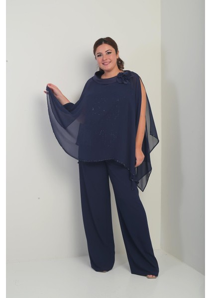 Kadın Yakası Saten Pelerin Içi Pulpayet Kolsuz Bluz Palazzo Pantolon Astarlı Büyük Beden Şifon 3'lü Takım fiyatları