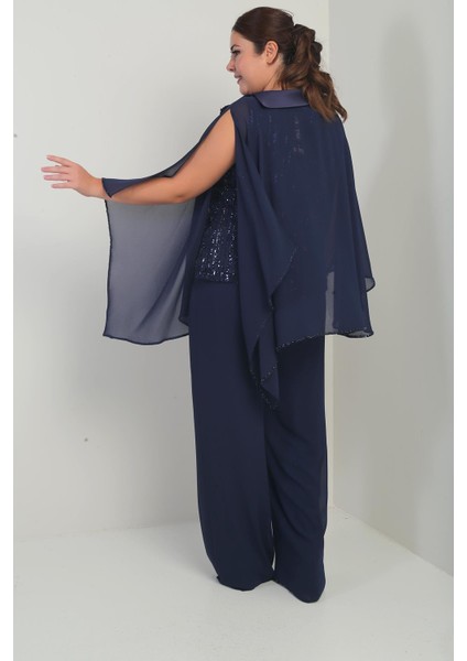 Kadın Yakası Saten Pelerin Içi Pulpayet Kolsuz Bluz Palazzo Pantolon Astarlı Büyük Beden Şifon 3'lü Takım fırsatları