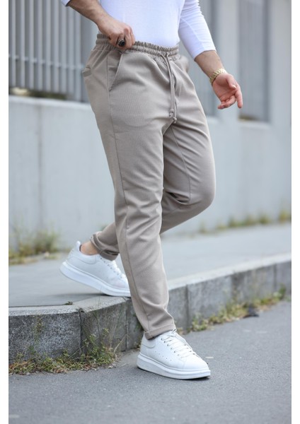 Bej Beli Lastikli Modern Fit Erkek Jogger PANTOLON-2513