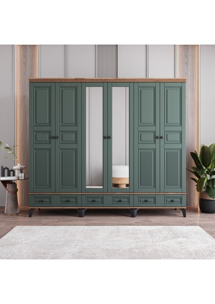 Terra 6 Kapaklı Çekmeceli Gardırop Tamamı Mdf (Yeşil)