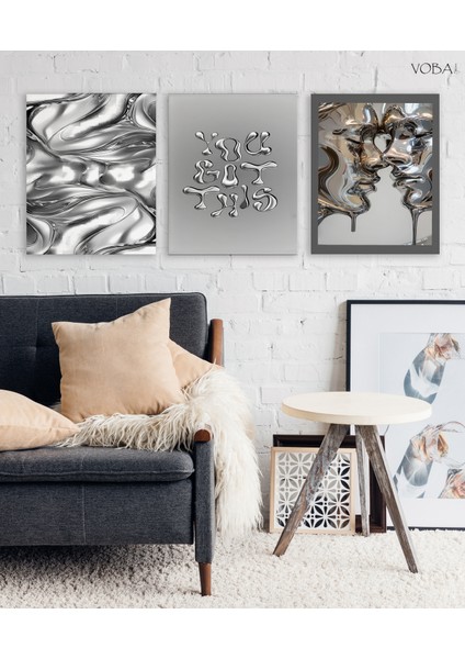 3 Parçalı Gümüş Detaylı Dekoratif Mdf Tablo Seti