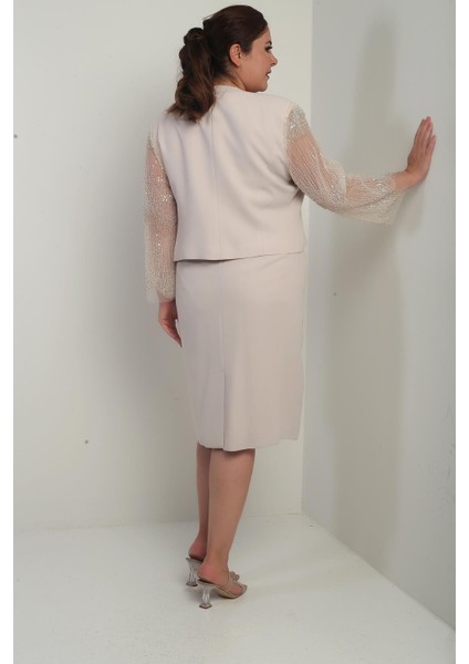 Kadın Kruvaze Yaka Beli Drapeli Elbise Kolları Tül Ceket Astarlı Pul Detaylı Büyük Beden 2'li Takım fırsatları