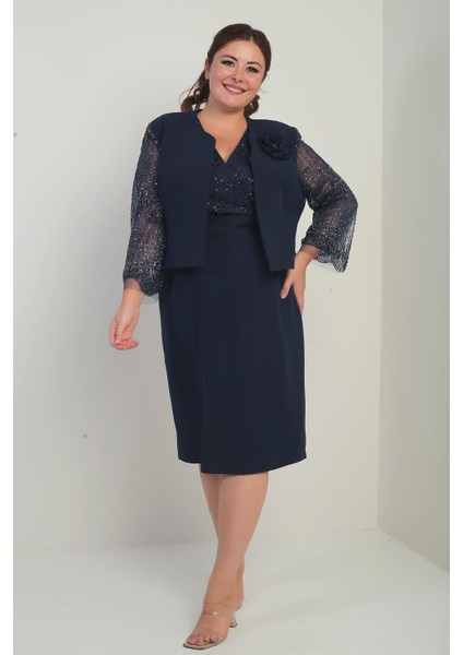 Kadın Kruvaze Yaka Beli Drapeli Elbise Kolları Tül Ceket Astarlı Pul Detaylı Büyük Beden 2'li Takım