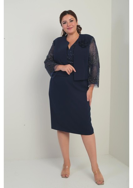 Kadın Kruvaze Yaka Beli Drapeli Elbise Kolları Tül Ceket Astarlı Pul Detaylı Büyük Beden 2'li Takım fiyatları