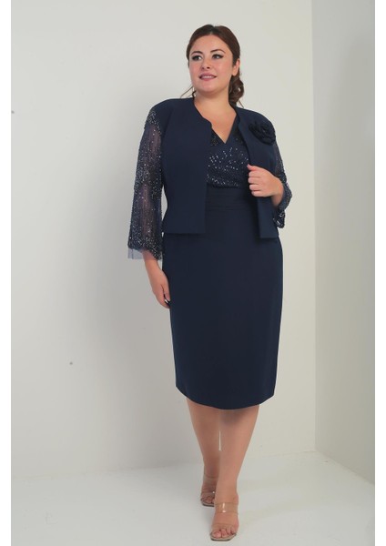 Kadın Kruvaze Yaka Beli Drapeli Elbise Kolları Tül Ceket Astarlı Pul Detaylı Büyük Beden 2'li Takım modelleri