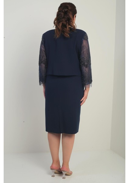 Kadın Kruvaze Yaka Beli Drapeli Elbise Kolları Tül Ceket Astarlı Pul Detaylı Büyük Beden 2'li Takım fırsatları