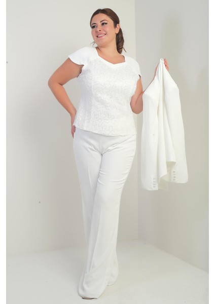 Kadın Beşgen Yaka Kolsuz Dantel Bluz Tek Düğmeli Ceket Palazzo Pantolon Astarlı Pul Detaylı Büyük Beden 3'lü Takım fırsatları