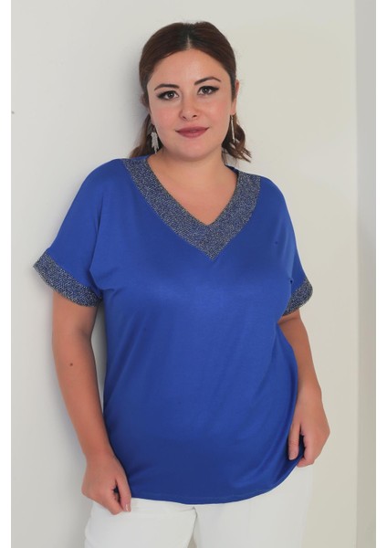 Kadın Yaka ve Kol Ucu Simli File Detaylı Büyük Beden Bluz fiyatları