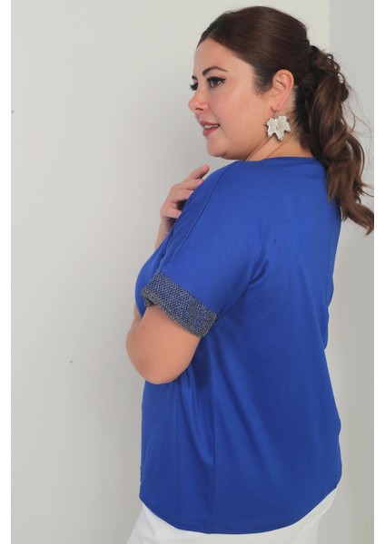 Kadın Yaka ve Kol Ucu Simli File Detaylı Büyük Beden Bluz fırsatları
