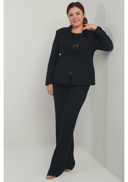 Kadın Beşgen Yaka Kolsuz Dantel Bluz Tek Düğmeli Ceket Palazzo Pantolon Astarlı Pul Detaylı Büyük Beden 3'lü Takım