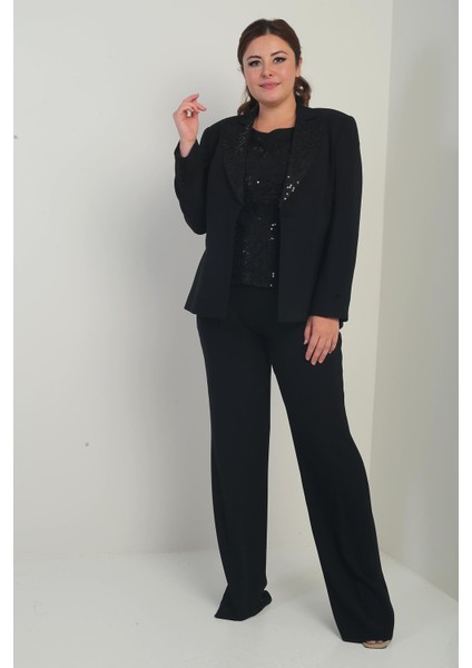 Kadın Beşgen Yaka Kolsuz Dantel Bluz Tek Düğmeli Ceket Palazzo Pantolon Astarlı Pul Detaylı Büyük Beden 3'lü Takım fiyatları