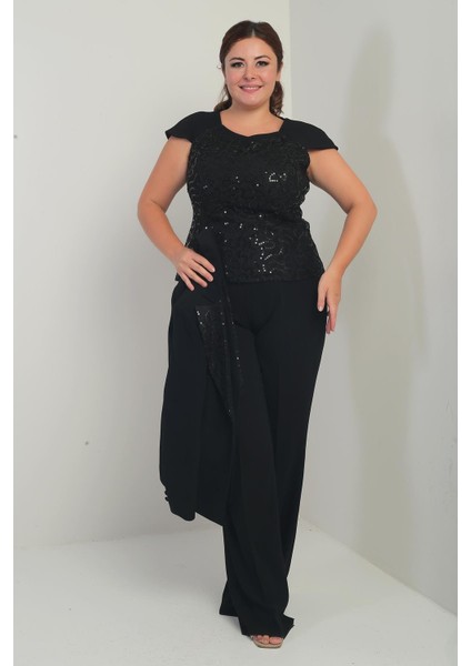 Kadın Beşgen Yaka Kolsuz Dantel Bluz Tek Düğmeli Ceket Palazzo Pantolon Astarlı Pul Detaylı Büyük Beden 3'lü Takım modelleri