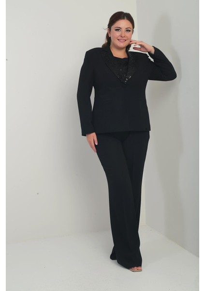 Kadın Beşgen Yaka Kolsuz Dantel Bluz Tek Düğmeli Ceket Palazzo Pantolon Astarlı Pul Detaylı Büyük Beden 3'lü Takım fırsatları