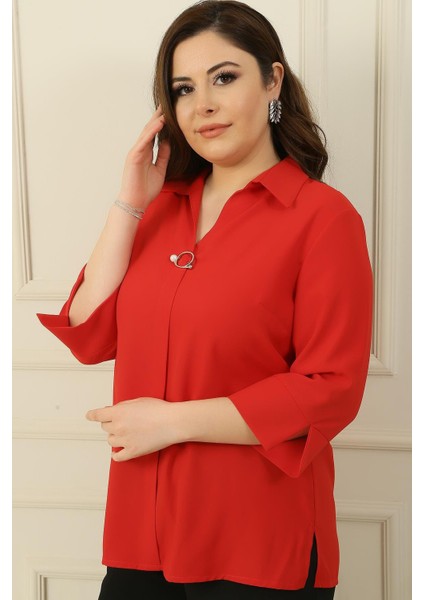 Polo Yaka Çeyrek Kol Büyük Beden Bluz