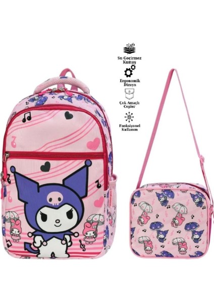 Ilkokul Kuromi Karakterli Kız Çocuk 2 Li Ortopedik Okul Çantası Seti (Okul Çantası + Beslenme) Pembe