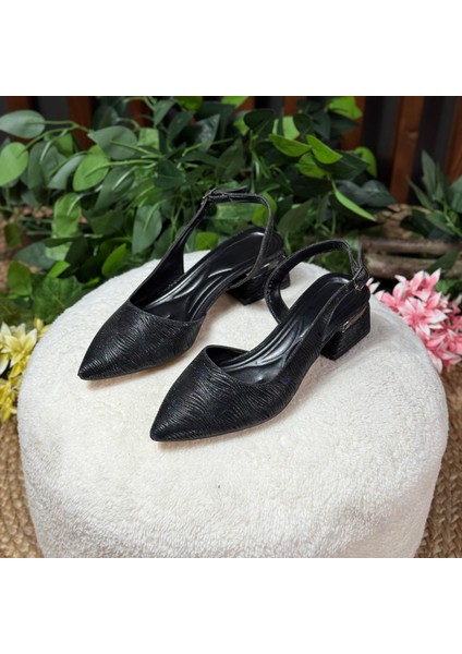 Parlak Dokulu Siyah Topuklu Babet M1065