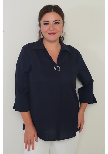 Polo Yaka Çeyrek Kol Büyük Beden Bluz