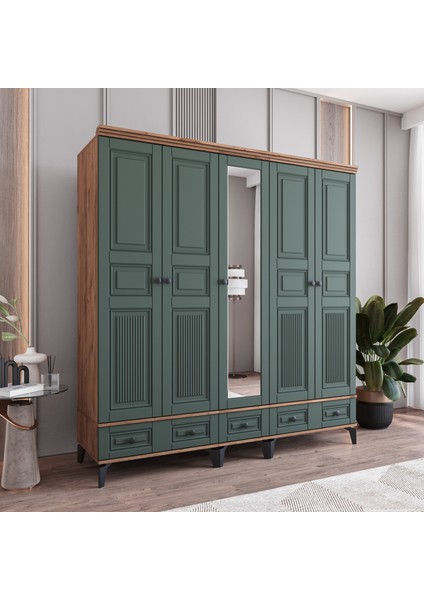 Terra 5 Kapaklı Çekmeceli Gardırop Tamamı Mdf (Yeşil) fiyatları