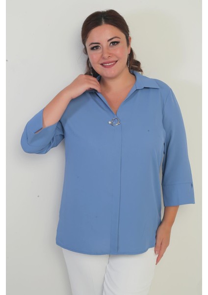 Polo Yaka Çeyrek Kol Büyük Beden Bluz