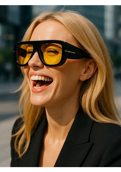 Star Kadın Güneş Gözlüğü Uv Sarı Cam Siyah Çerçeve Uv 400 Korumalı Ce Sertifikalı