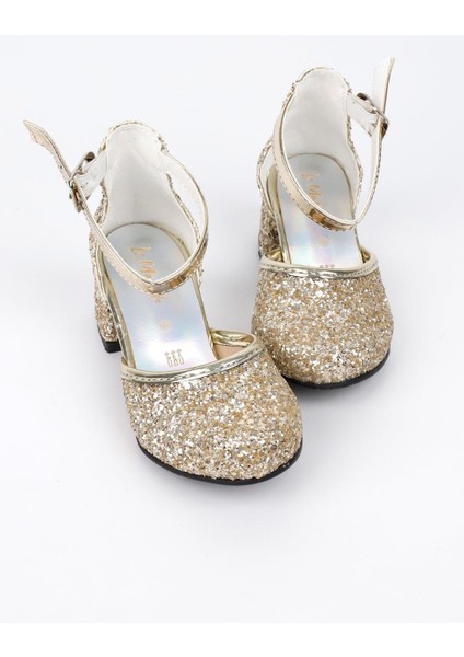 Altın Simli Topuklu Kız Çocuk Ayakkabı