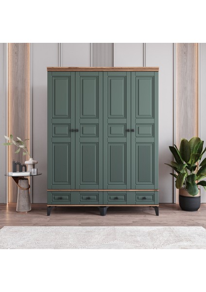 Terra 4 Kapaklı Çekmeceli Gardırop Tamamı Mdf (Yeşil)