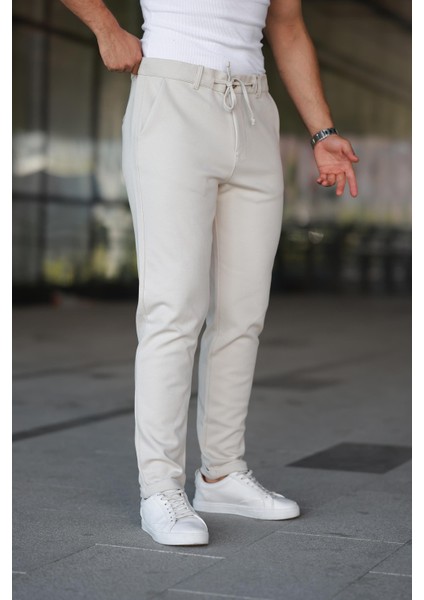 Erkek Krem Rengi Jogger Pantolon – Bağcıklı Fermuarlı Cepli - 2534