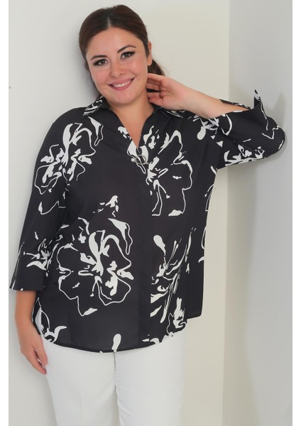 Kadın Polo Yaka Çeyrek Kol Soyut Desenli Büyük Beden Bluz