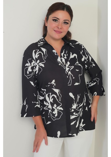 Kadın Polo Yaka Çeyrek Kol Soyut Desenli Büyük Beden Bluz modelleri