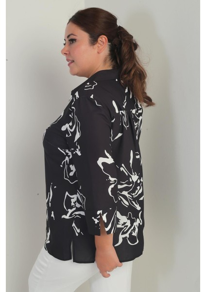 Kadın Polo Yaka Çeyrek Kol Soyut Desenli Büyük Beden Bluz fırsatları