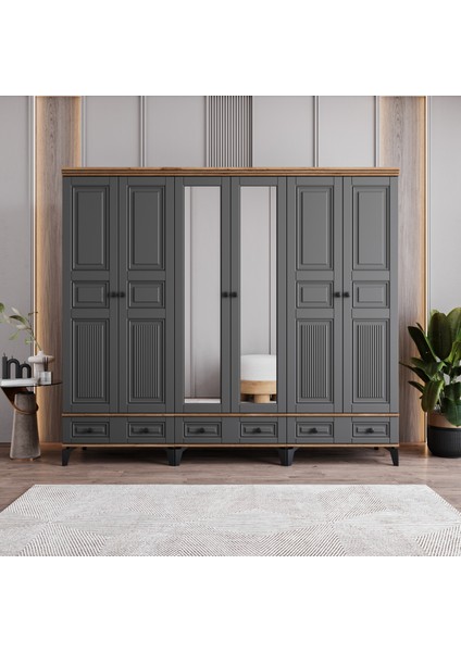 Terra 6 Kapaklı Çekmeceli Gardırop Tamamı Mdf (Antrasit)