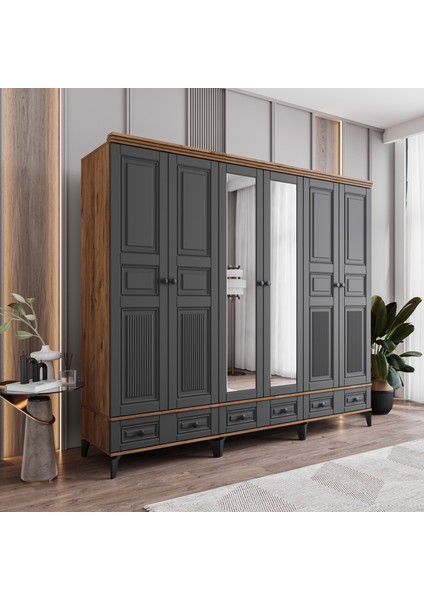 Terra 6 Kapaklı Çekmeceli Gardırop Tamamı Mdf (Antrasit) fiyatları