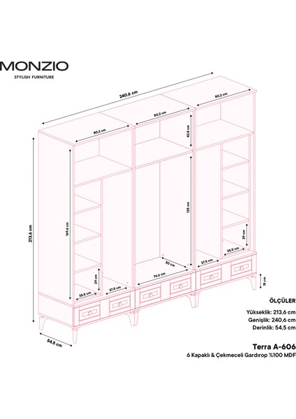 Terra 6 Kapaklı Çekmeceli Gardırop Tamamı Mdf (Antrasit) fırsatları