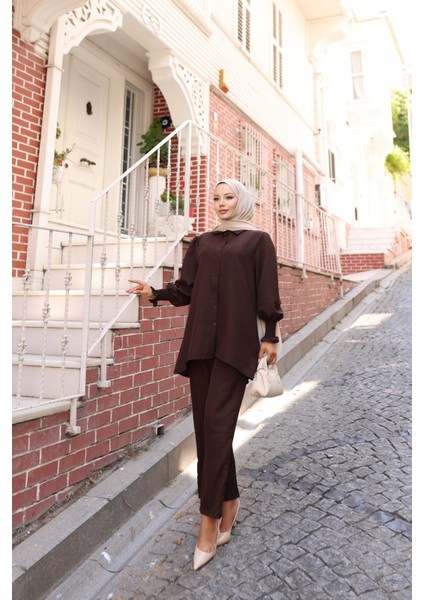 Kadın Kahverengi Sofya Keten Pantolonlu Ikili modelleri