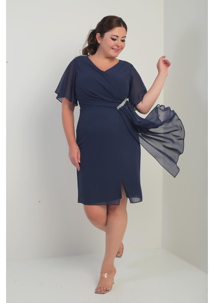 Kadın Omuz ve Bel Kristal Taşlı Astarlı Mendilli Büyük Beden Şifon Elbise