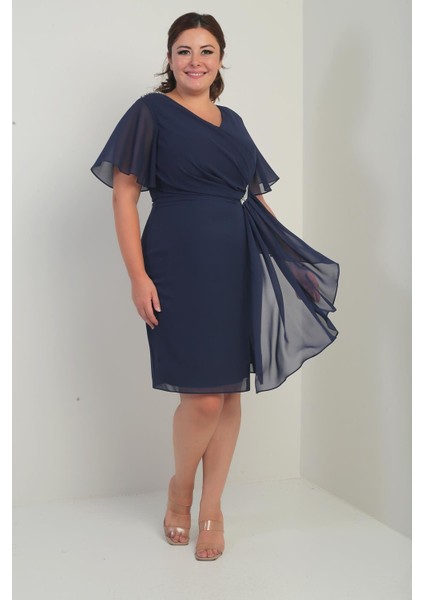 Kadın Omuz ve Bel Kristal Taşlı Astarlı Mendilli Büyük Beden Şifon Elbise fiyatları