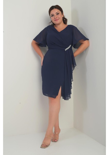 Kadın Omuz ve Bel Kristal Taşlı Astarlı Mendilli Büyük Beden Şifon Elbise modelleri