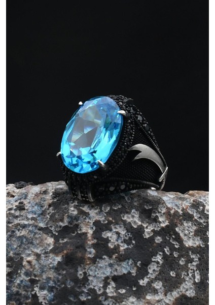 Hz. Ali Zülfikar Kılıcı ( Aqua Marin ) Akua Marine Taşlı Taşlı Zirkon Taş Süslemeli 925 Ayar Gümüş Yüzük 902059