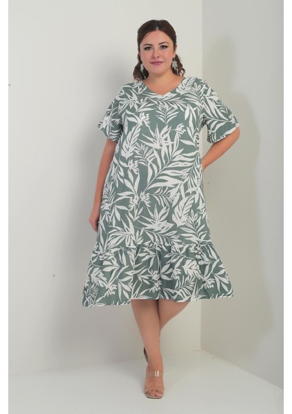 Kadın V Yaka Karışık Yaprak Desenli Cepli Eteği Fırfırlı Büyük Beden Elbise