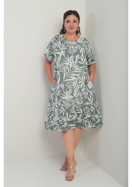 Kadın V Yaka Karışık Yaprak Desenli Cepli Eteği Fırfırlı Büyük Beden Elbise fiyatları